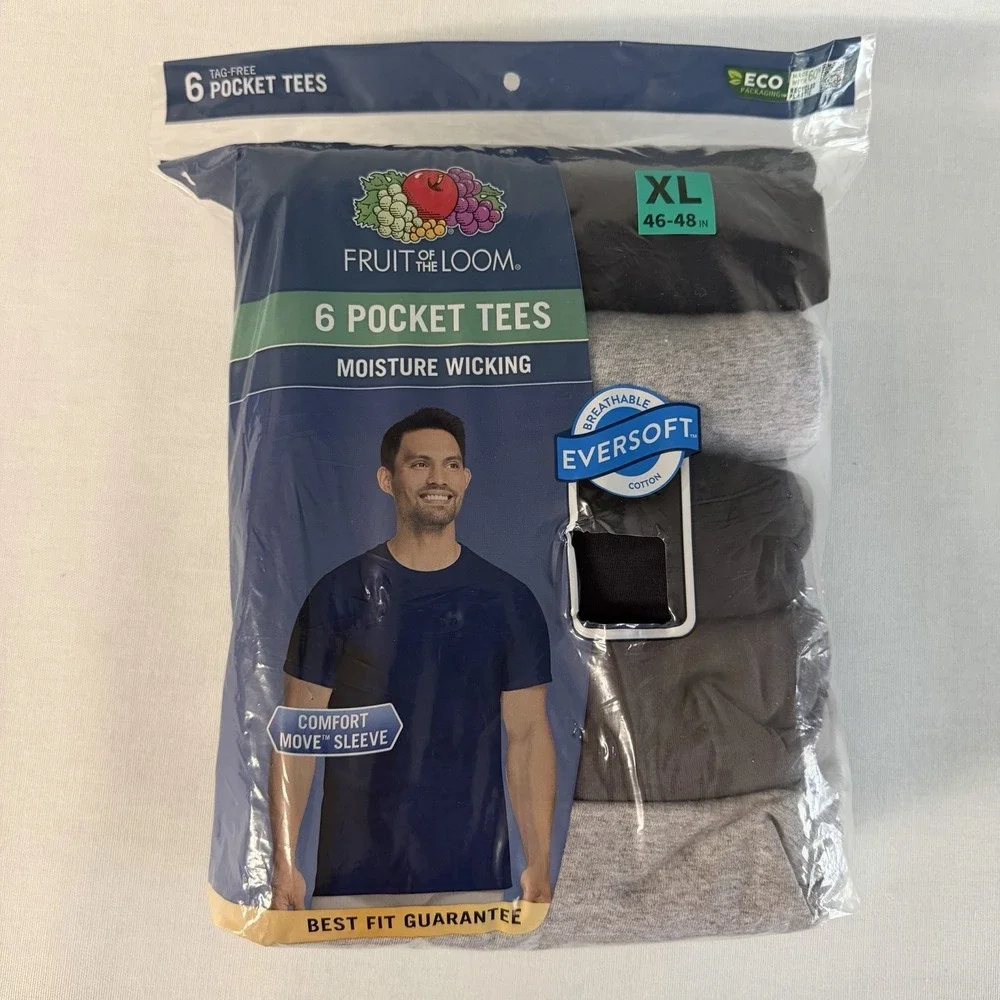 6 Fruit Of The Loom XL 46-48 Black Gray Pocket T-Shirts Moisture Wicking Cotton - Picture 1 of 7